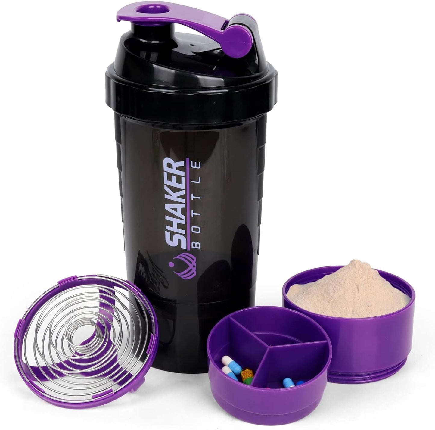 Shaker Bottle - Protein Shaker Cup with Storage Compartments - Leak-Proof Workout Shake Bottles with Mixer for Smooth Mixing-500Ml/16Oz (PURPLE & BLACK)
