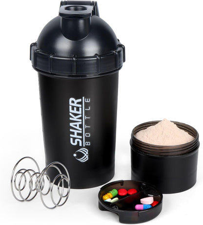 Shaker Bottle 18OZ Protein Shaker Bottles with Powder Storage & Pill Case 500ML GYM Shaker Cup for Protein Mixes with Mixing Ball Leak Proof Mixer Bottle for Pre Workout,Bpa Free(White)