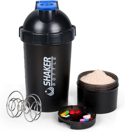 Shaker Bottle 18OZ Protein Shaker Bottles with Powder Storage & Pill Case 500ML GYM Shaker Cup for Protein Mixes with Mixing Ball Leak Proof Mixer Bottle for Pre Workout,Bpa Free(White)