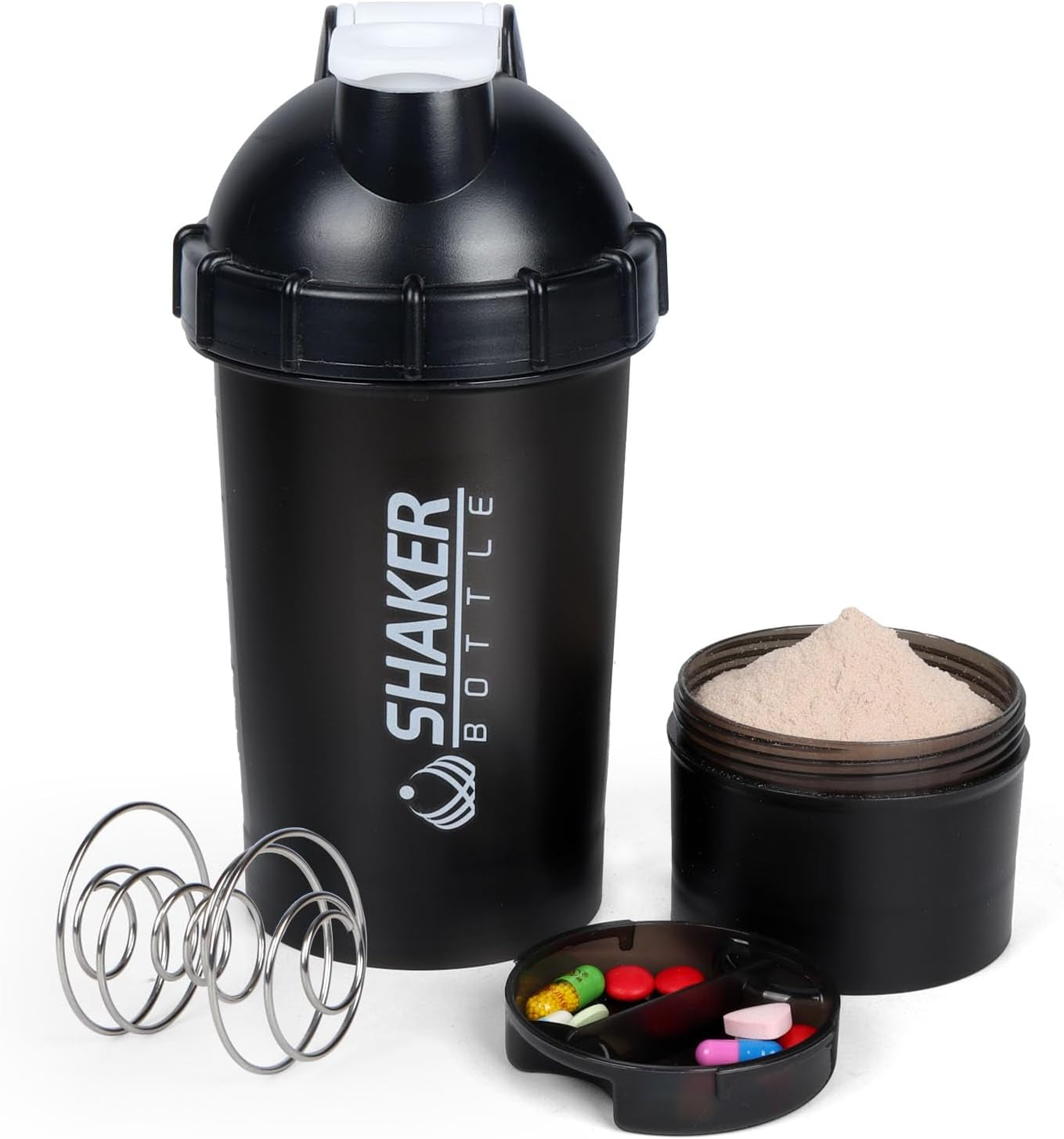 Shaker Bottle 18OZ Protein Shaker Bottles with Powder Storage & Pill Case 500ML GYM Shaker Cup for Protein Mixes with Mixing Ball Leak Proof Mixer Bottle for Pre Workout,Bpa Free(White)