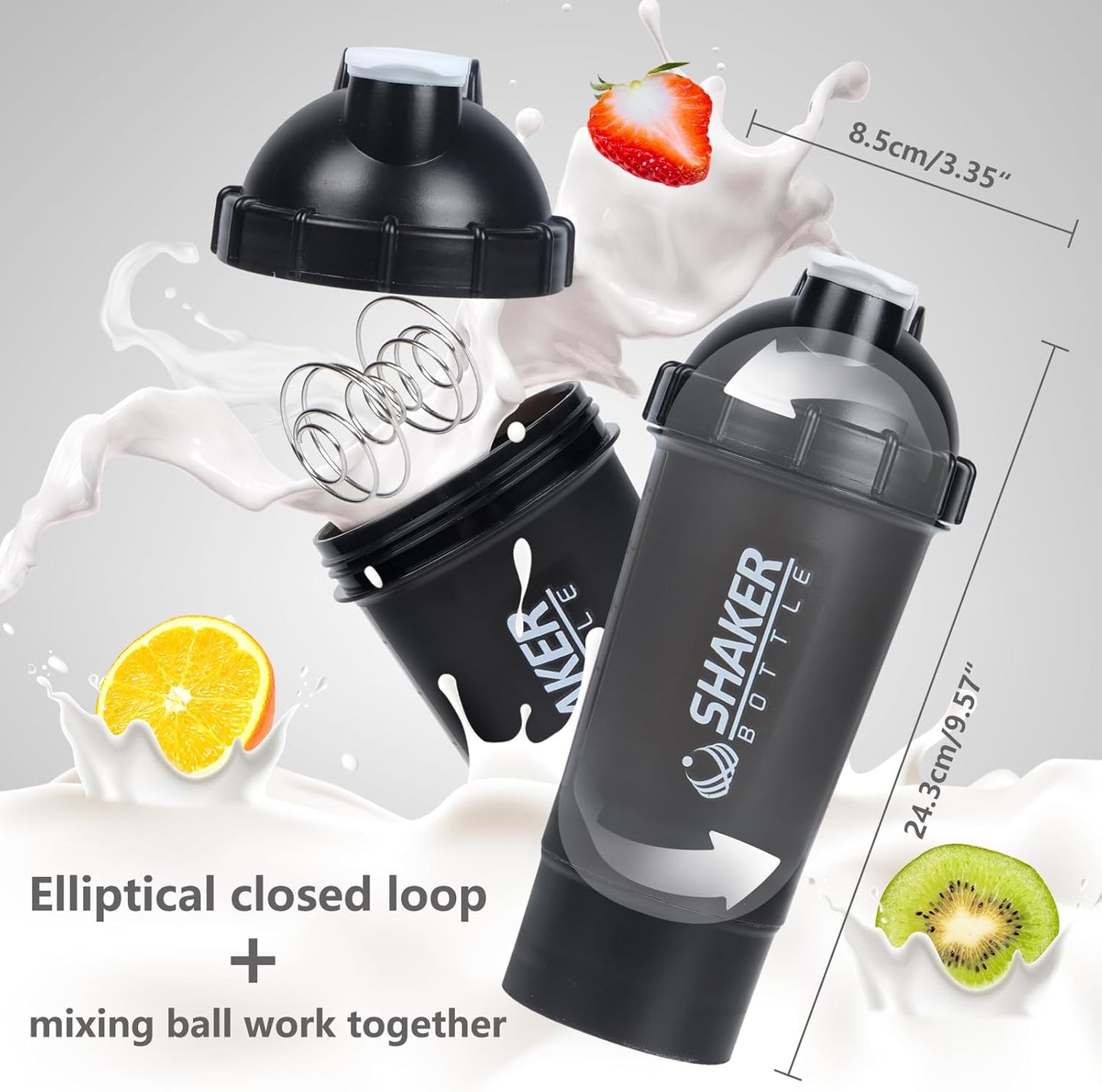 Shaker Bottle 18OZ Protein Shaker Bottles with Powder Storage & Pill Case 500ML GYM Shaker Cup for Protein Mixes with Mixing Ball Leak Proof Mixer Bottle for Pre Workout,Bpa Free(White)